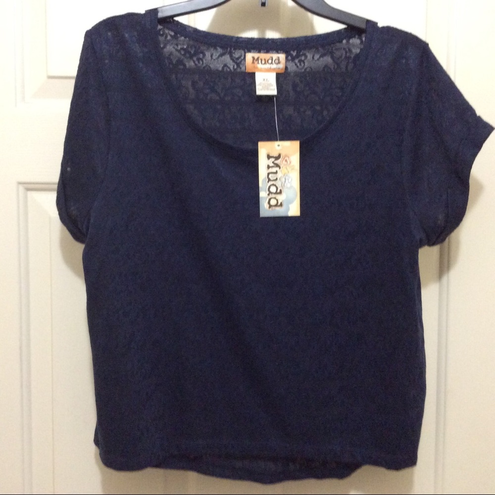 New Mudd sheer lace XL navy cap sleeve pullover
